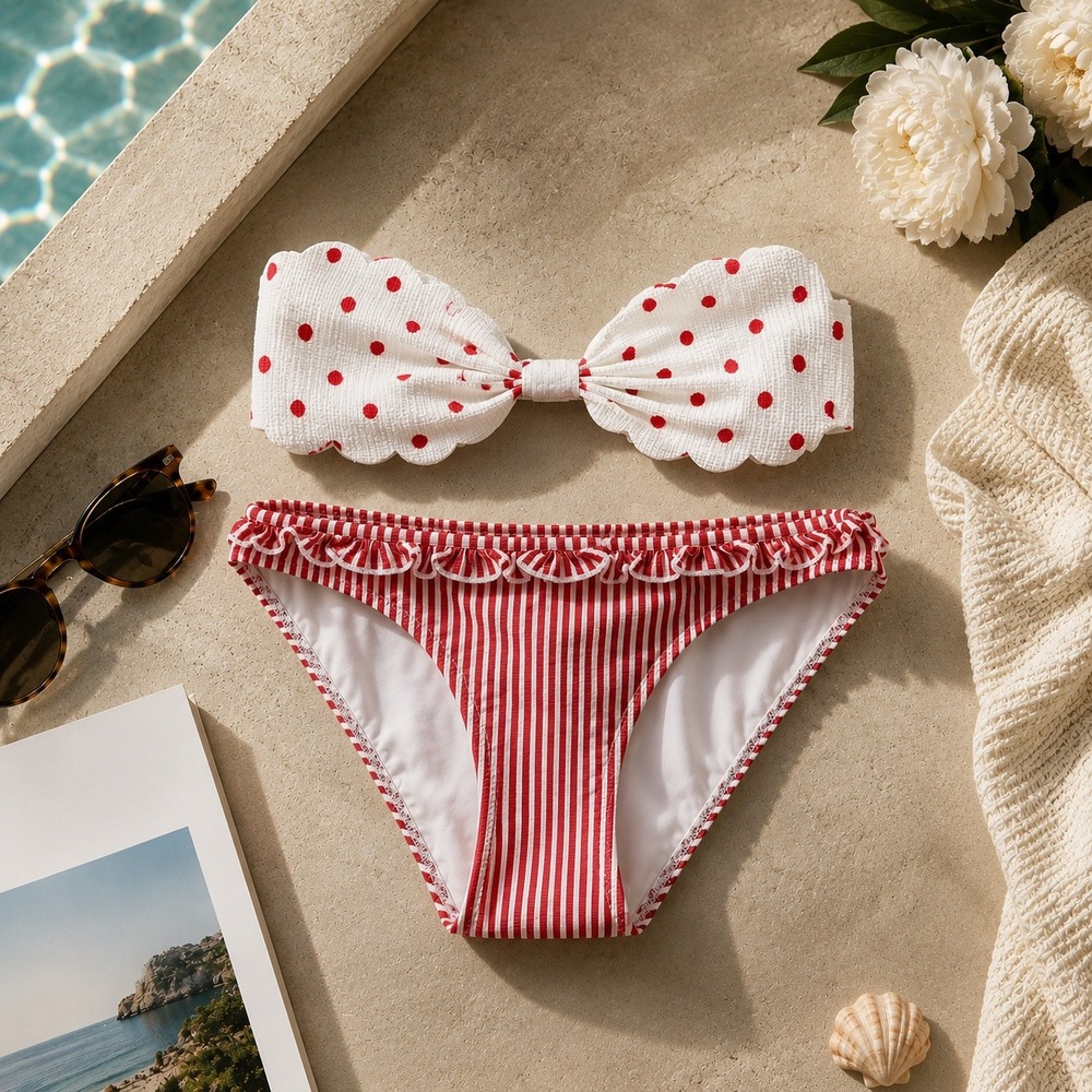 Marysia Solid & Striped Women Bikini Set M Polka Dot Striped Scalloped Ruffle - Picture 2 of 16
